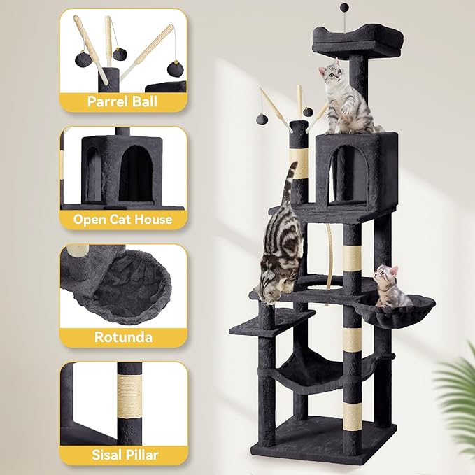 DWVO 64.5" Tall Cat Tree, Multi-Tier Cat Condo with Hammock, Scratching Posts & Play Balls for 2-3 Cats (Dark Gray)