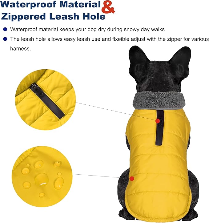 Dog Winter Coat, Waterproof Dog Jacket with Leash Hole, Reflective Adjustable Pet Snow Vest, Warm Fleece Sweater for Small Medium Large Dogs - Yellow, L