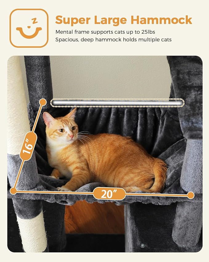 71" Tall Cat Tree for Large Cat 20 lbs with Super Large Hammock, Heavy Duty Cat Tower with 4 Sisal Scratching Posts & 2 Spacious Condos for Big Adult Cats Maine Coon -Dark Grey