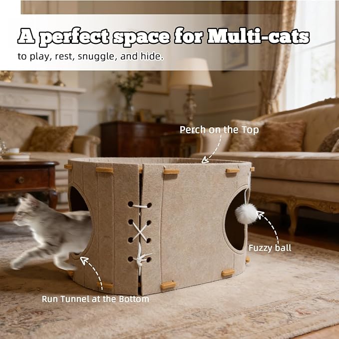 Cat House for Indoor Cats - Foldable Cat Bed Cave with Scratch-Resistant Felt Cats Tunnel Bed Condo & Hanging Fluffy Ball | Cozy Spacious Hideaway for Multi-Cats| Durable & Easy to Store, Cream