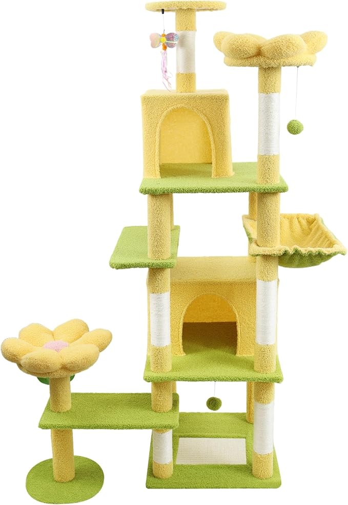 71" Flower Cute Cat Tree for Indoor Cats Large Adult, Tall Cat Tower with Scratching Post & Condo, Hammock, Aesthetic Cats Stand, Modern, Easy Assembly (Yellow, 71" Tall)