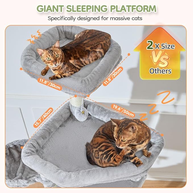 Taoqimiao 79 Inches XXL Cat Tree for Large Cats, for Oversized Cats, Multi-Level Cat Tower, 2 Spacious Cat Condo with 6 Scratching Posts, Hammcock & Cozy Basket, Cat Toys, Light Gray, S10W