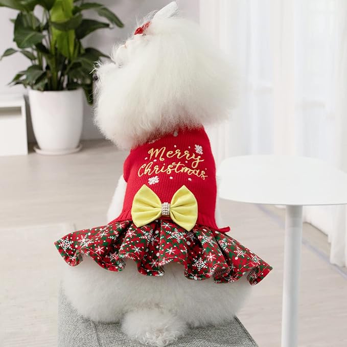 CuteBone Christmas Dog Sweater Dress Turtleneck Puppy Sweater with Bowtie Harness Hole Pullover Winter Dress for Medium Dogs