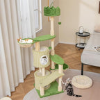 PETSITE 63 inch Tall Cat Tree, Multi-Level Aesthetic Stripped Cat Tower with Sisal Scratching Posts, 2 Condos, 2 Side Baskets, and 2 Dangling Balls, Indoor Green Cat Tree Tower for Indoor Cats