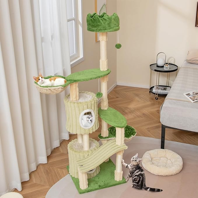 PETSITE 63 inch Tall Cat Tree, Multi-Level Aesthetic Stripped Cat Tower with Sisal Scratching Posts, 2 Condos, 2 Side Baskets, and 2 Dangling Balls, Indoor Green Cat Tree Tower for Indoor Cats