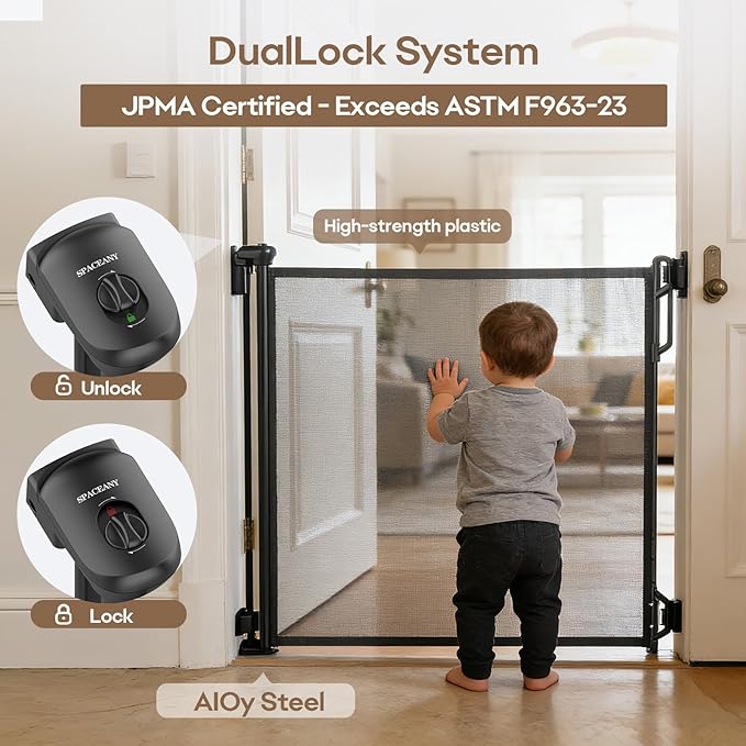 Retractable Safety Baby Gate or Mesh Dog Gate,Durable Portable Mesh Retractable Gate,Easy to Use for Stairs, Doorways, Hallways, Indoor, Outdoor, 33.5" Tall, Up to 55" Wide, Black