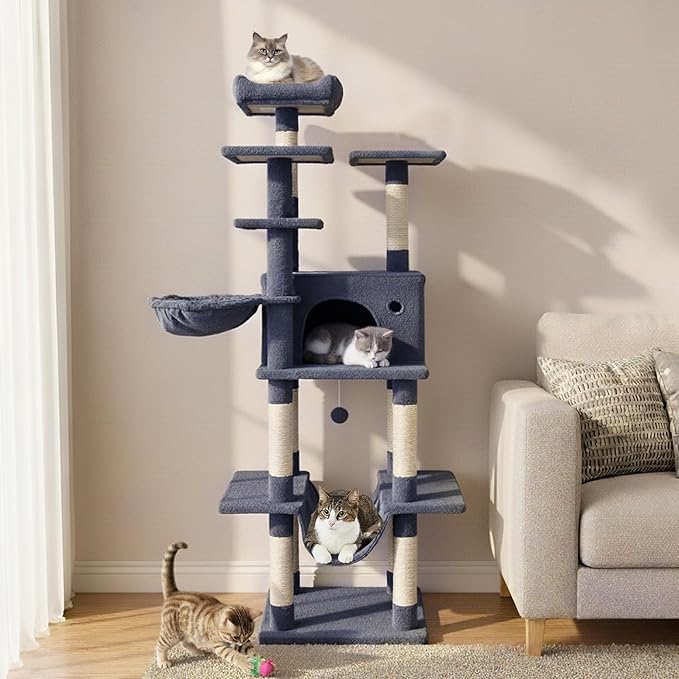 Tangkula Tall Cat Tree, 63 Inch Large Cat Tower with Sisal Scratching Posts, Plush Top Perch, Condo, Hammock, Basket Bed, Dangling Balls & Jumping Platforms for Indoor Cats Large Adult (Dark Grey)