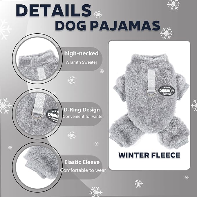 Fleece Dog Pajamas Winter Warm Dog Sweater for Small Dogs Thermal Soft Puppy Pjs Coat Stretchy Jumpsuit Doggie Pet Clothes Outfits Cat Apparel (Grey, Large)