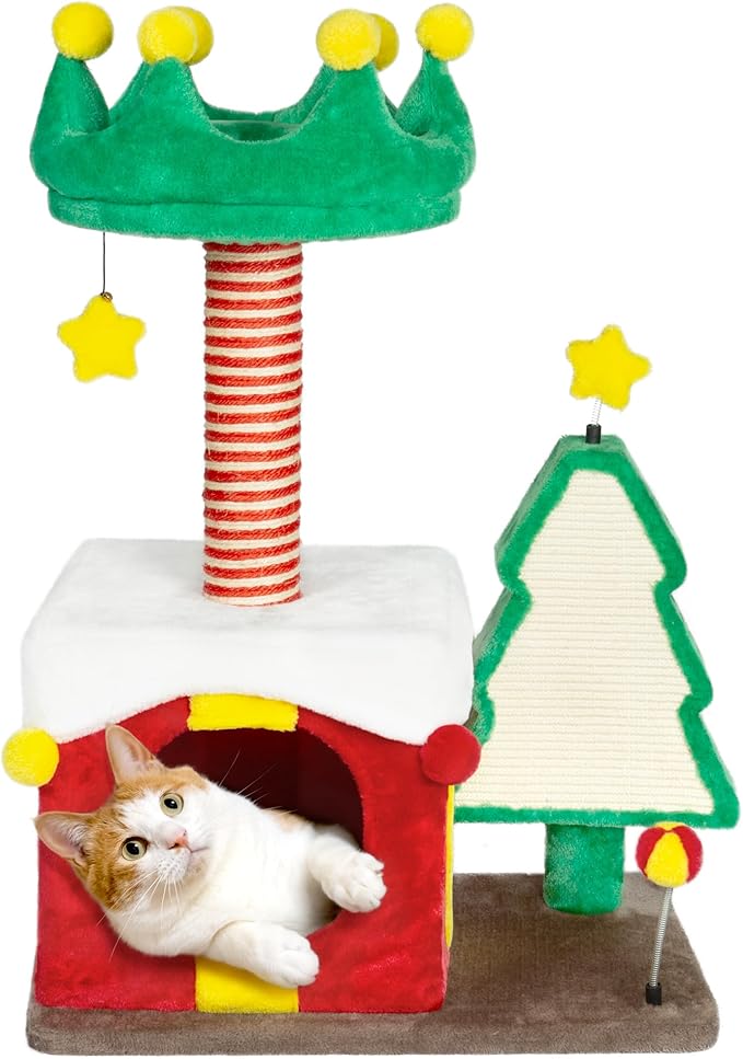 NUNU LAB 33.5'' Christmas Cat Tree Tower, Indoor Modern Cat Tower with Sisal Ramp Scratching Posts, Cozy Basket, Hammocks, Lage Cats Pet Activity Structure