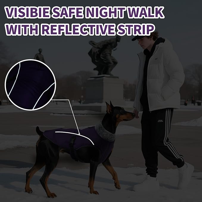 DENTRUN Winter Warm Dog Coat Reflective Jacket with Turtleneck for Cold Weather, Adjustable Buckle Windproof Water Repellent, Thick Snowsuit Fleece Vest for Small, Medium, Large Dogs, Purple, XXL