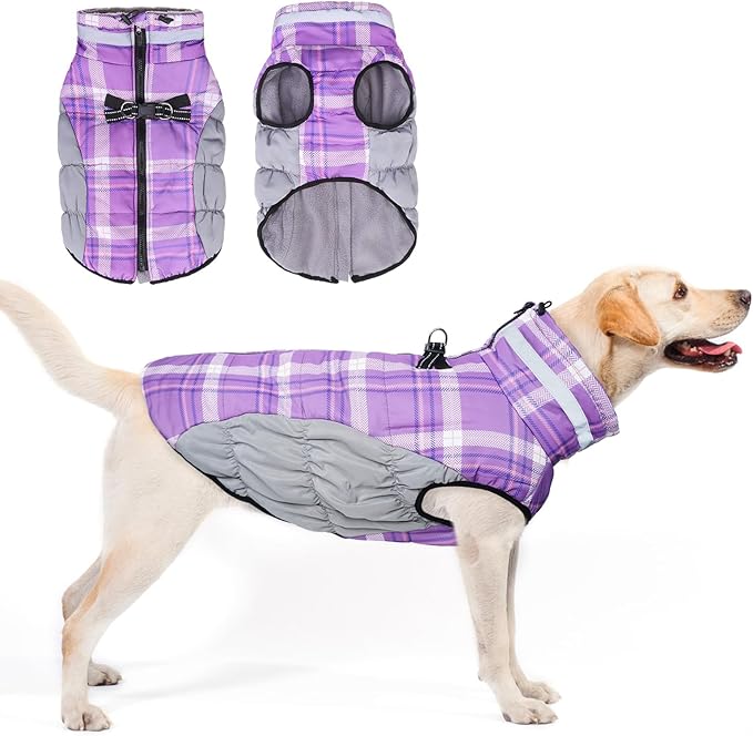 BEAUTYZOO Dog Winter Coat with Harness Built in, Reflective Plaid Puffer Vest Waterproof for X-Large Dogs, Fleece Warm Puppy Zipped Jacket with D Ring, Pet Cold Weather Sweater Clothes, Purple XL