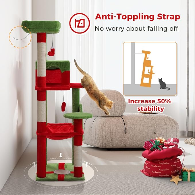 PETEPELA Christmas Cat Tree for Indoor Cats, 56.3'' Tall Multi-Level Cat Tower with Super Large Hammock (20''X16''), Sisal Covered Scratching Posts, Cozy Condo and Top Perch, Christmas Style