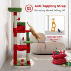 PETEPELA Christmas Cat Tree for Indoor Cats, 56.3'' Tall Multi-Level Cat Tower with Super Large Hammock (20''X16''), Sisal Covered Scratching Posts, Cozy Condo and Top Perch, Christmas Style