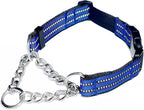 Martingale Collars for Dogs, Heavy Duty Stainless Steel Chain Training Collar, Reflective Nylon Adjustable Collar with Quick Release Buckle, Suitable for Puppy Medium Large Dogs((Blue, L)