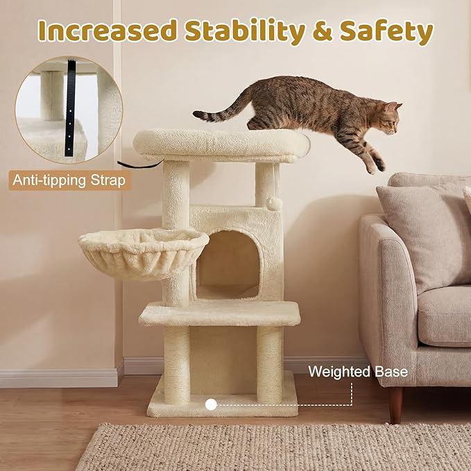 DORTALA Cat Tree for Indoor Cats, 33.5" Cat Tower with 2-Storey Condo, Top Perch, Sisal Scratching Posts, Dangling Ball, Platform, Multi-Level Pet Climbing Furniture Activity Center (Beige)