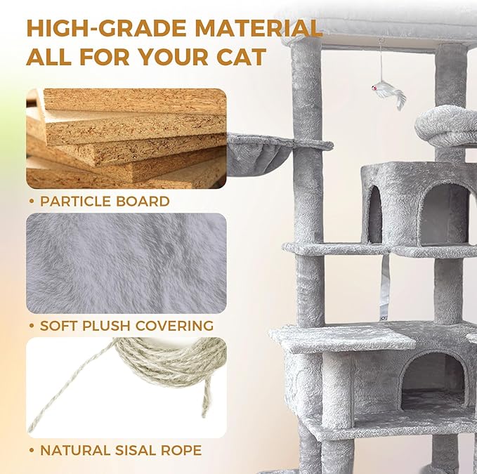 Anwick 68" Tall Cat Tree Tower with Scratching Posts, Cat House with Hammocks, Cat Condos for Indoor Cats, Removable Cushions, Multi-Level Cat Playground (Gray)