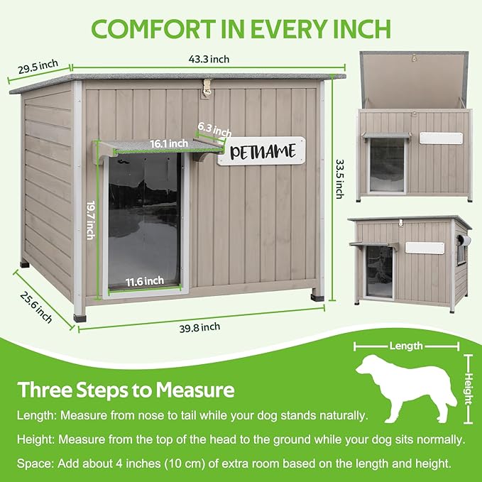 Dog House Indoor Outdoor, Weatherproof Wooden Dog House for Medium/Large Dogs, Chew-Proof Frame, Vent Window & Elevated Floor, Openable Roof, Easy to Assemble & Clean, Gray 43.3" L×29.5" W×33.5" H
