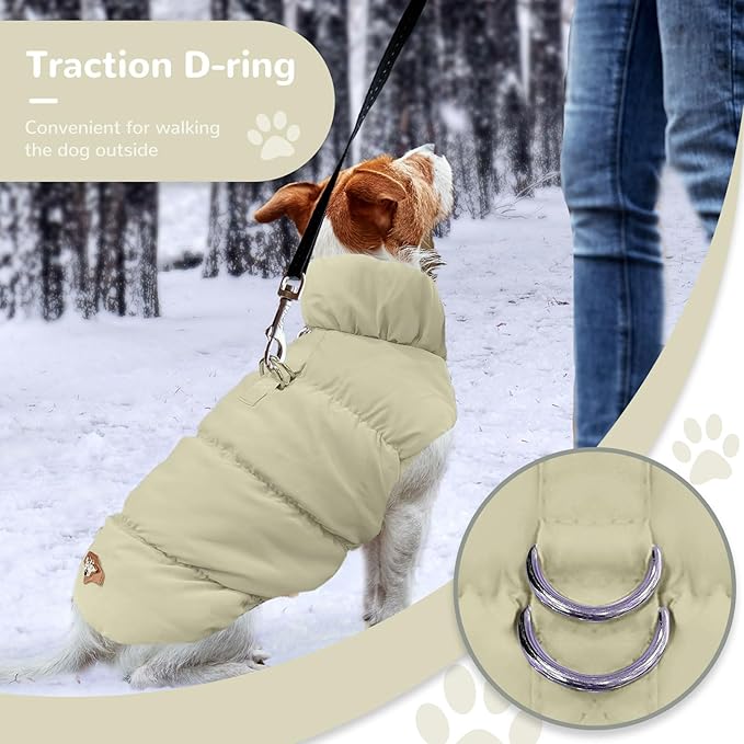 Winter Warm Dog Jacket for Small Medium Dogs Cat Cold Weather Coats with Harness Paded Dogs Fleece Vest Waterproof Windproof Dog Snow Jacket Pet Puppy Clothes (Khaki,S)