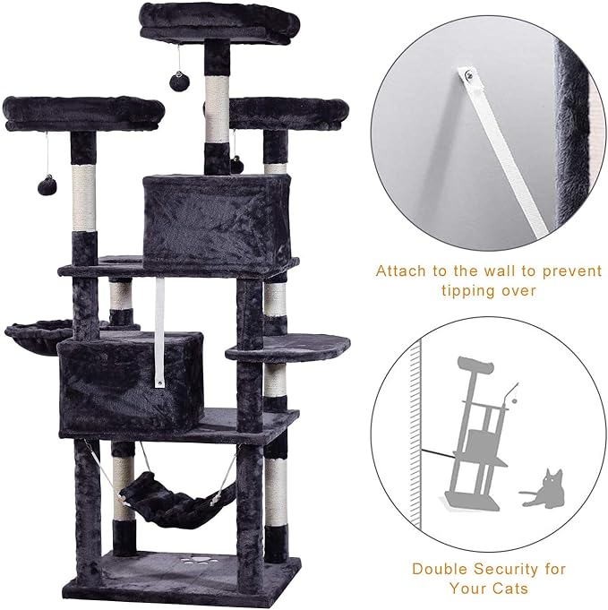 MQ Multi-Level Cat Tree, Activity Centre Cat Tower Furniture with Sisal-Covered Scratching Posts, 3 Padded Plush Perches, Dual Condo & Basket, Removable Hammock, for Large Cats, Grey