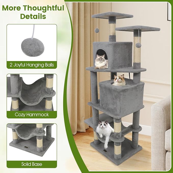 PETSITE 57-inch Modern Cat Tree, Multi-Level Cat Tower with 2 Comfy Condos, Sisal Scratching Posts, Plush Top Perch, Snug Hammock, and Dangling Balls, Ideal for Indoor Cats and Kittens (Grey)