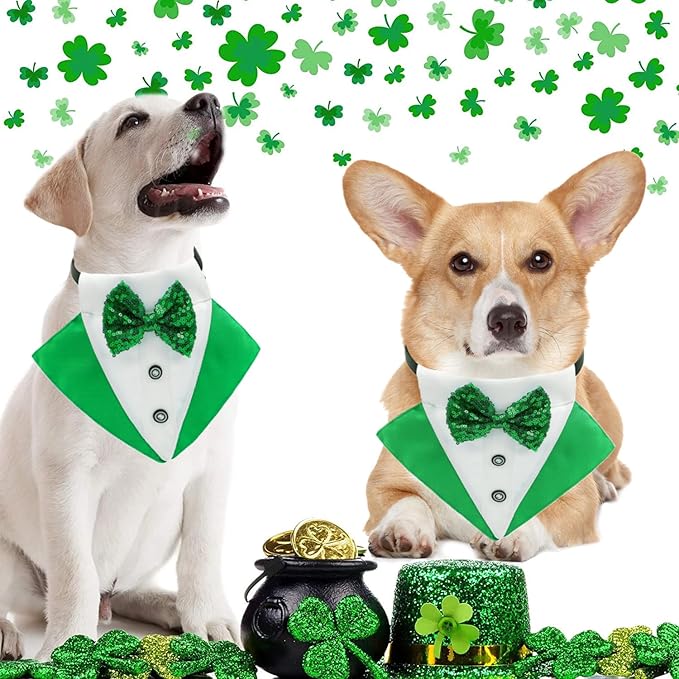 St.Patrick's Day Dog Tuxedo Bandanas Costume Pet Green Irish Outfits Adjustable Saint Patrick's Day Dog Scarf Bow Tie Collar for Large Dogs Cats Cosplay Party Dress Doggie Bibs (Green, Large)