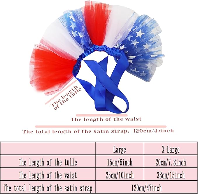 Red White Blue Patriotic Pet Tutu Dress for Dogs & Cats - Adjustable 4th of July Pet Costume, Small Animal Tutu Skirt for Independence Day Celebrations