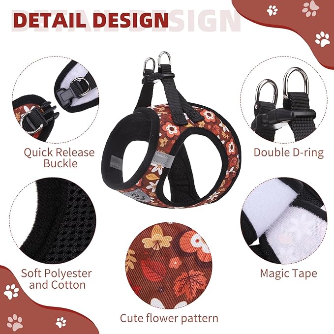 KOOLTAIL Fall Dog Harness and Leash Set for Small Medium Dogs, Autumn Step in No Pull Comfort Padded Pet Vest, Adjustable Reflective Easy Walking Puppy Cats Harness Training, Leaf & Flower S