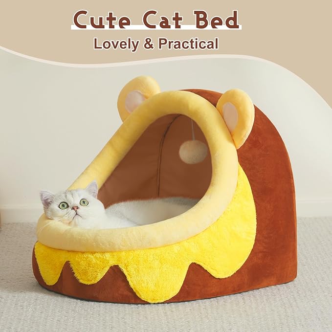 Jiupety Cute Cat Bed for Indoor, Cats Warm Soft Cave Fit for 11-17 lb Cats and 0-8 lb Dogs, Honeypot, L