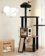 61" Modern Cat Tree Tower for Indoor Cats, Luxury Climbing Tower with Plush Lounge, Kitty Condos, Hammock & Scratching Posts, Classic cat Furniture (Walnut)