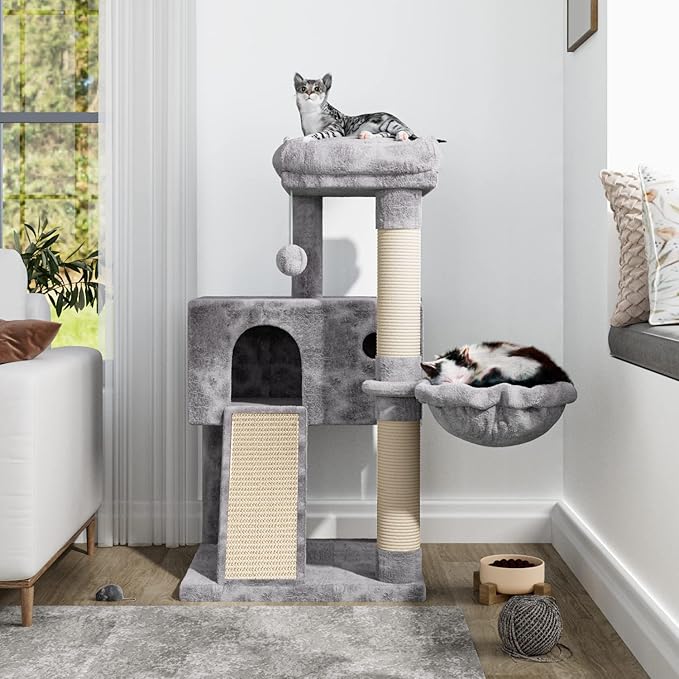 IMUsee Cat Tree for Indoor Cats, Multi-Level Cat House Condo with Large Perch, Scratching Posts, Hammock, Cat Climbing Stand with Toy for Small Cats Kittens Play Rest, 36" Tall, Grey
