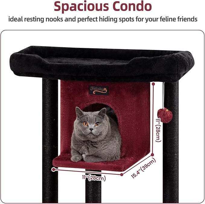 Cat Tree Tower Scratching Post for Indoor Large Cats, Small Cat Tree with Big Perch Bed, 28in Tall Trees House with Condo Cave, Toy Balls, Modern Climbing Furniture Platform for Kitten (Black)