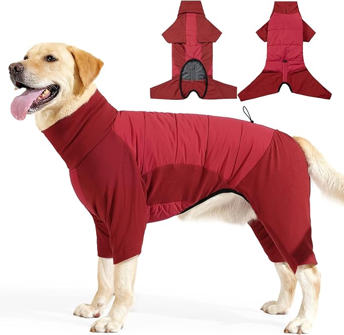 BRKURLEG Full Body Dog Winter Coat Warm Fleece Pullover Pajamas, Four Legs Covered Windproof Dog Jacket for Small to Large Dogs, Turtleneck Dogs Snowsuit, Pet Cold Weather Clothes, Red XXXL