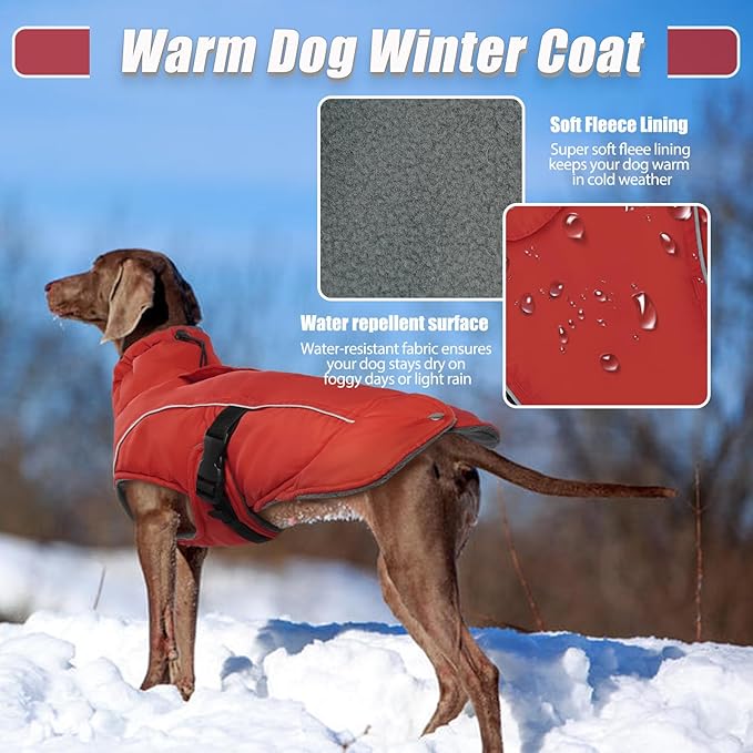 DENTRUN Winter Warm Dog Coat Reflective Jacket with Turtleneck for Cold Weather, Adjustable Buckle Windproof Water Repellent, Thick Snowsuit Fleece Vest for Small, Medium, Large Dogs, Red, XXL