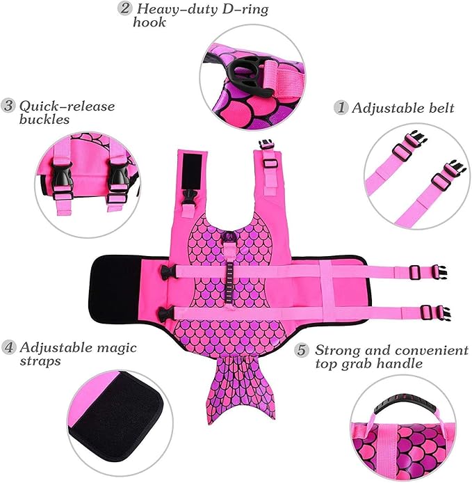 ASENKU Dog Life Jacket - Pet Safety Vest for Swimming & Boating, Shark Life Jacket with Floatation, Dog Lifesavers Swimsuits for Small Medium Large Dogs (Mermaid Pink, L)