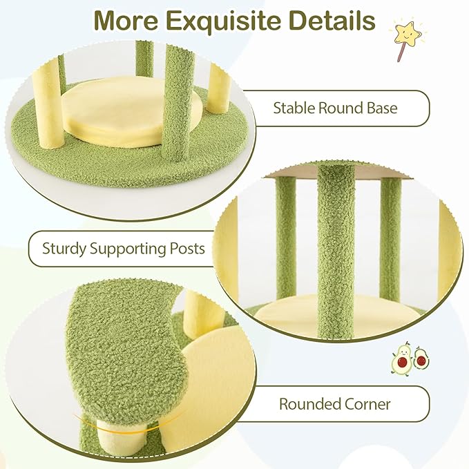 PETSITE 51-inch Avocado-Themed Cat Tree, Multi-Level Modern Cat Tower with Jute Scratching Posts, Avocado-Shaped Dangling and Spring Toy, and Removable Cushions, Cute Cat Tree Tower for Indoor Cats