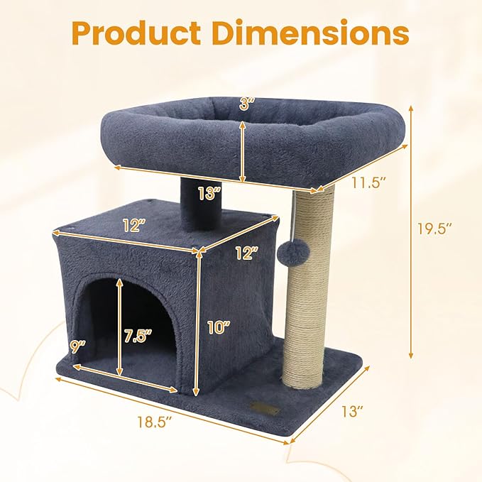 PETSITE 19.5-inch Small Cat Tree, with Sisal Scratching Post, Interactive Hanging Ball, Comfy Condo, and Spacious Top Perch, Ideal for Indoor Cats and Kittens (Dark Grey)