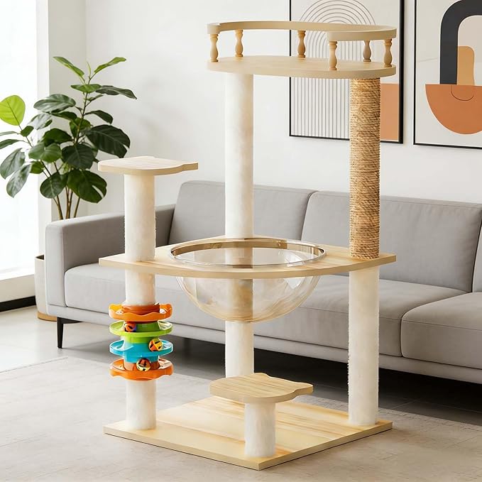 32.2”” Wood Cat Tower with Sisal Scratching Post, Modern Cat Tree with Acrylic Bowl, Cat Perch, Climbing Ladder & Ball Toy, Multi-Level Cat Activity Center (32.2 inch)