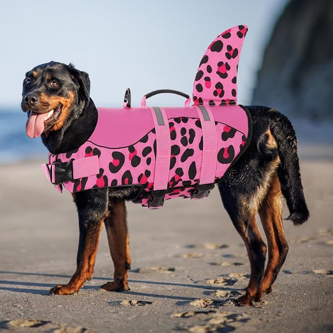 ASENKU Dog Life Jacket - Pet Safety Vest for Swimming & Boating, Shark Life Jacket with Floatation, Dog Lifesavers Swimsuits for Small Medium Large Dogs (Pink Leopard, 2XL)
