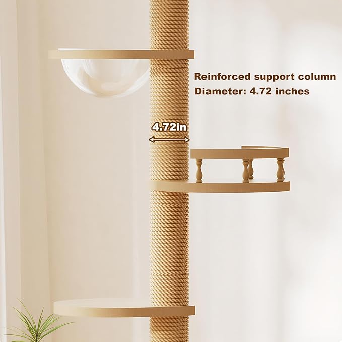 Floor-to-Ceiling Cat Tree with Scratching Posts, 98-110 Inch Adjustable Height, Natural Wood, MDF, Floor Mount