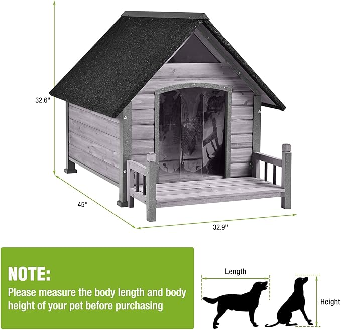 GUTINNEEN Outdoor Heated Dog House Insulated Dog Kennel with All-Around Metal Frame, Weatherproof Anti-Bite Dog Shelter with Porch, Wooden Puppy Home Indoor(Grey, 45’’ Medium)
