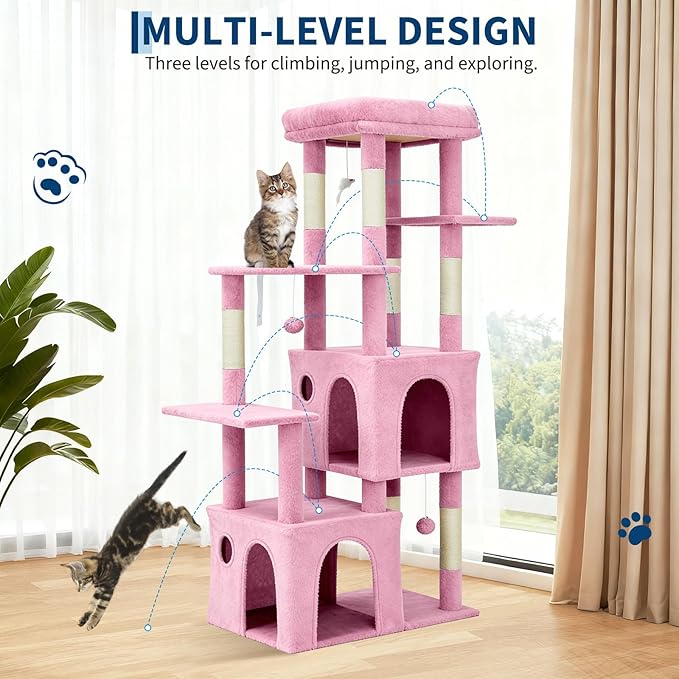 Pink 61" Heavy Duty Cat Tree for Large Indoor Cats & Maine Coon, Sweet Multi-Level Cat Tower with Extra Large Perch, 2 Spacious Condos, Natural Sisal Scratching Posts & Interactive Toys