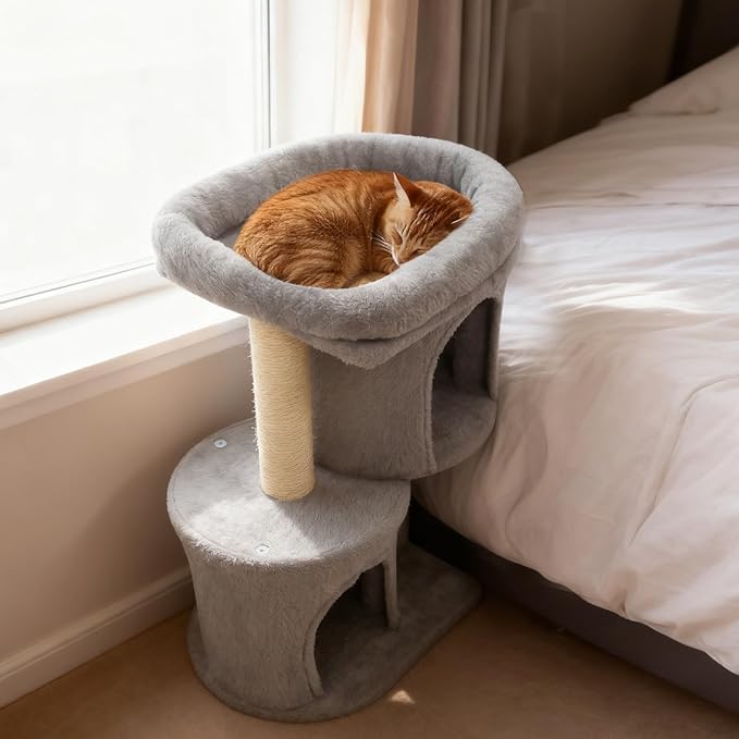 Tangkula Small Cat Tree for Indoor Cats, 26 Inch Cat Tower with Sisal Scratching Posts, Dual Cat Condos with Large Padded Push Perch, Modern Cat Climbing Furniture Activity Center (Light Grey)