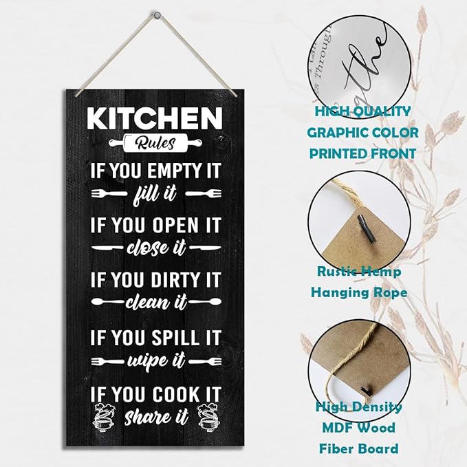 J2 Farmhouse Rustic Kitchen Sign, Hanging Printed Wooden Plaque Decor, Shared Kitchen Rules Sign for Hostel Dormitory 12x6inch