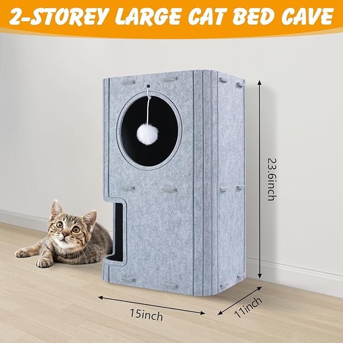 Cat House for Indoor Cats, 2-Storey Cozy Felt Cats Hideaway for Multiple Cats, 23.6x15x11 inches, Gray