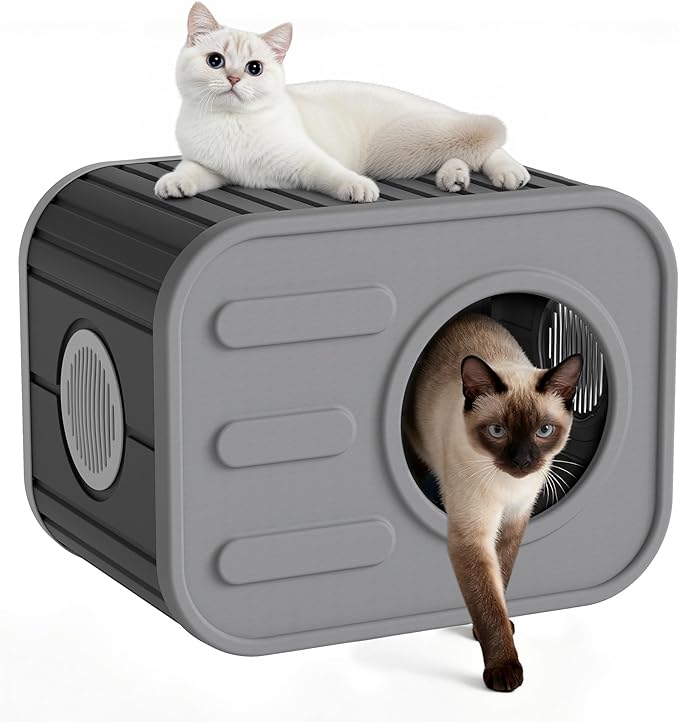NUNU LAB Plastic Cat House Outdoor, Cats House for Indoor, Weatherproof Cat House, Camera Shaped Design, with Escape Door, for Small to Medium Cats (Grey)