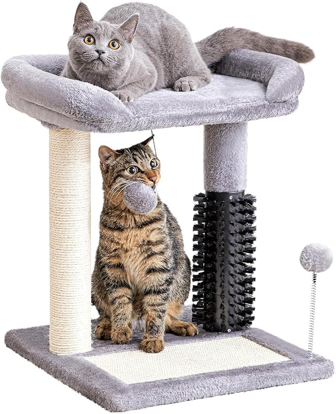 Small 4-in-1 Cat Tree Tower with Self-Grooming Brush, Sisal Scratching Post, Plush Cat Bed & Hanging Ball Toy, Compact Cat Tree for Indoor Kittens, Grey