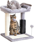Small 4-in-1 Cat Tree Tower with Self-Grooming Brush, Sisal Scratching Post, Plush Cat Bed & Hanging Ball Toy, Compact Cat Tree for Indoor Kittens, Grey
