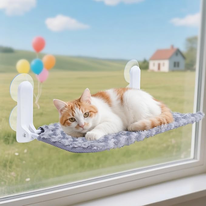 Cat Window Perch, Cordless Foldable Cat Hammock Bed with 4 Suction Cups, Embeded Machine Washable Bed for Indoor Cats, Strong Metal Frame Holds 40lbs (Grey)