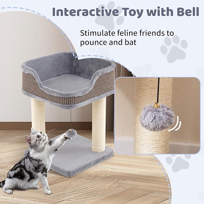 Tangkula Small Cat Tree for Indoor Cats, Modern Carpeted Cat Tower with Soft Plush Perch, Cat Condo Cat Bed with Scratching Posts, Dangling Ball, Cute Cat Activity Tree for Play Rest (Light Gray)