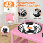 Pink Metal Raised Dog Bowl Stand for Large Dogs, Stronger Elevated Dogs Bowls with Sprill Proof Mat, Food & Water Bowl 10in Tall Feeder (42OZ-Stainless Steel Dog Bowls, Mat-12x19 in)